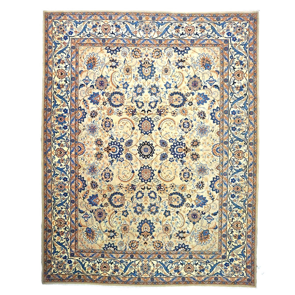 Vintage Persian Kashan Wool 8x10 Blue, Camel & Ivory Handmade Area Rug #1144159