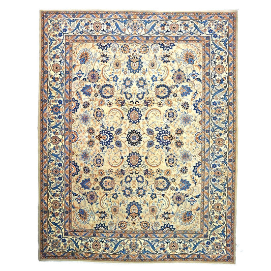 Vintage Persian Kashan Wool 8x10 Blue, Camel & Ivory Handmade Area Rug #1144159
