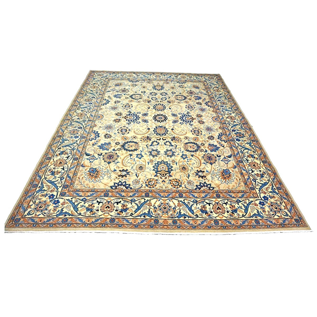 Vintage Persian Kashan Wool 8x10 Blue, Camel & Ivory Handmade Area Rug #1144159