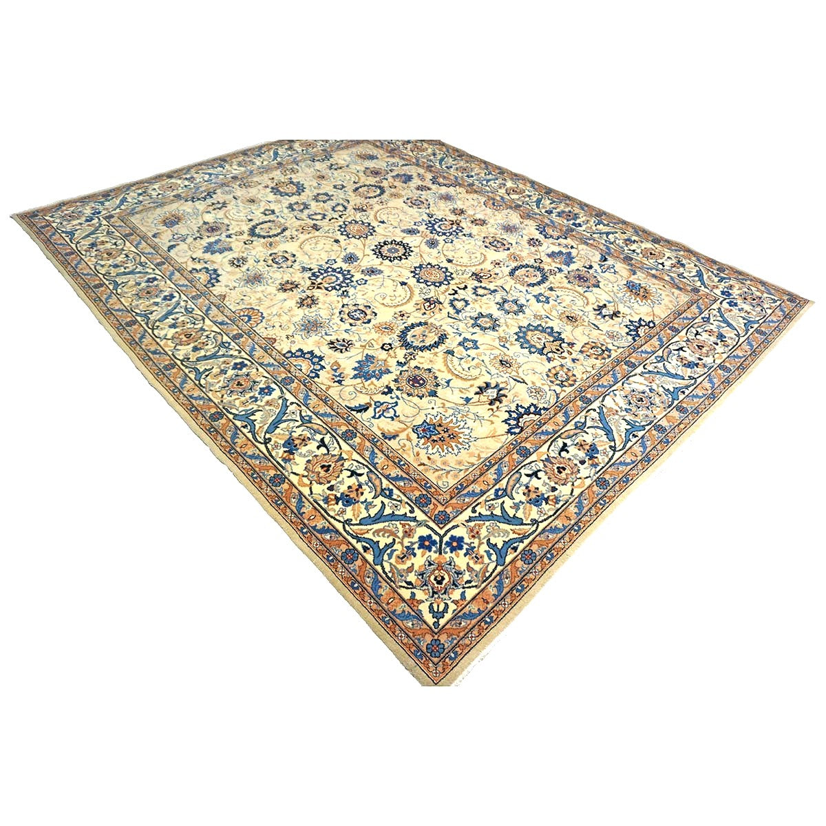 Vintage Persian Kashan Wool 8x10 Blue, Camel & Ivory Handmade Area Rug #1144159
