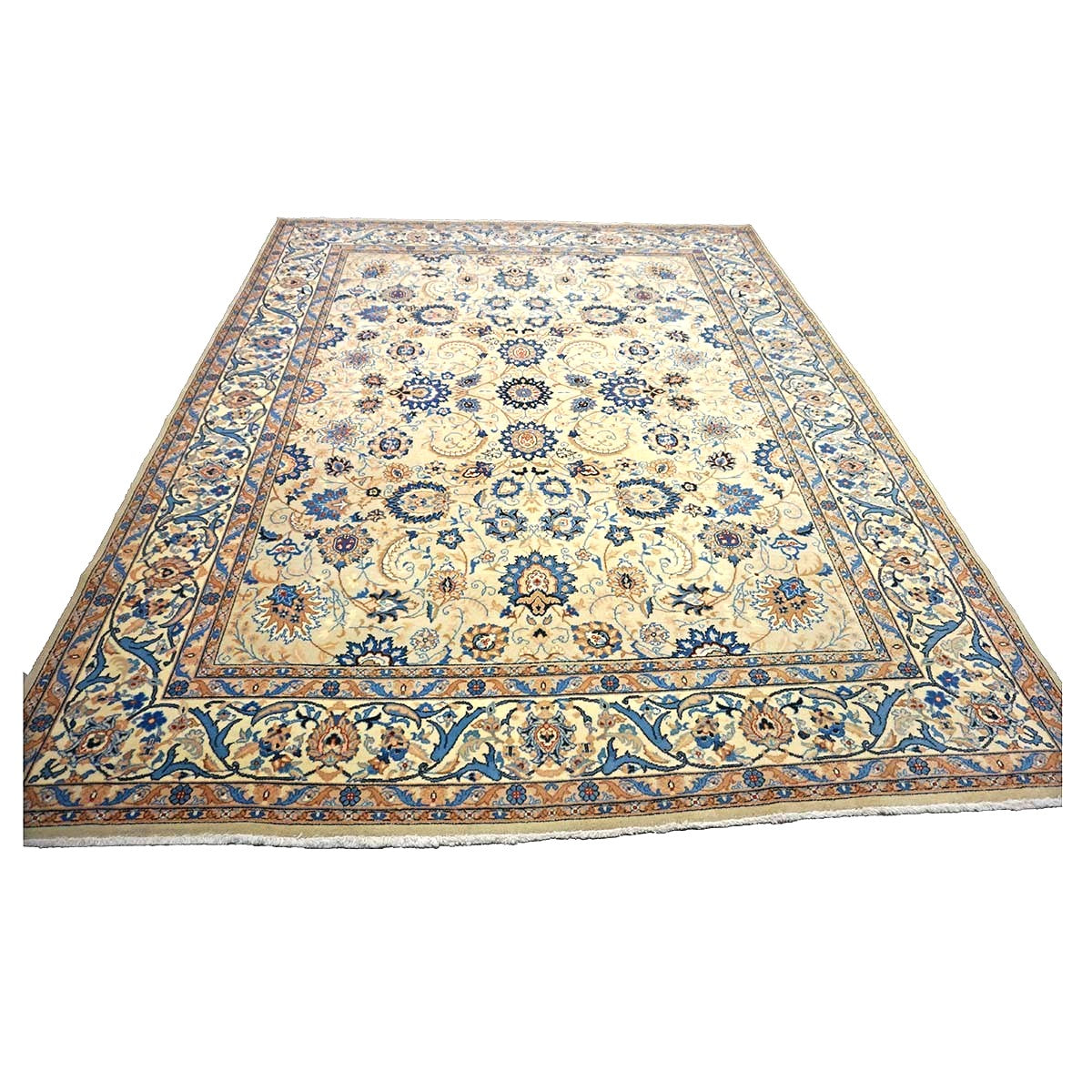 Vintage Persian Kashan Wool 8x10 Blue, Camel & Ivory Handmade Area Rug #1144159