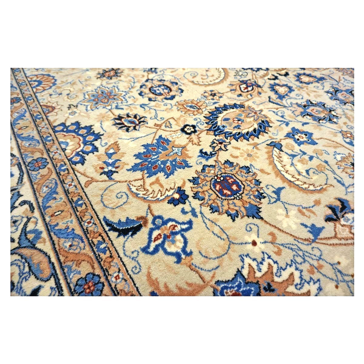 Vintage Persian Kashan Wool 8x10 Blue, Camel & Ivory Handmade Area Rug #1144159