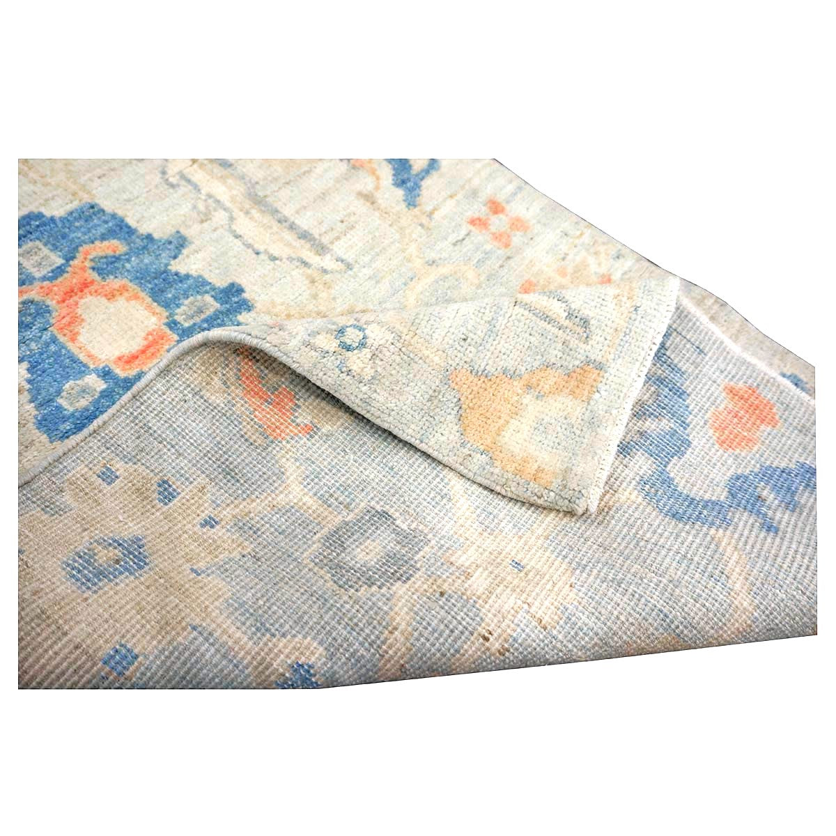 21st Century Turkish Sultanabad Wool 3x6 Tan & Light Blue Handmade Runner Rug #1144162
