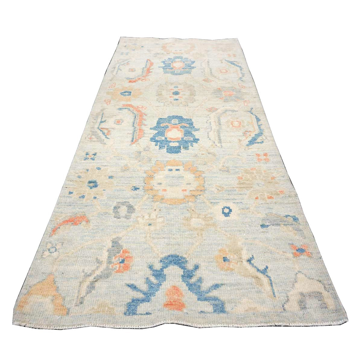 21st Century Turkish Sultanabad Wool 3x6 Tan & Light Blue Handmade Runner Rug #1144162