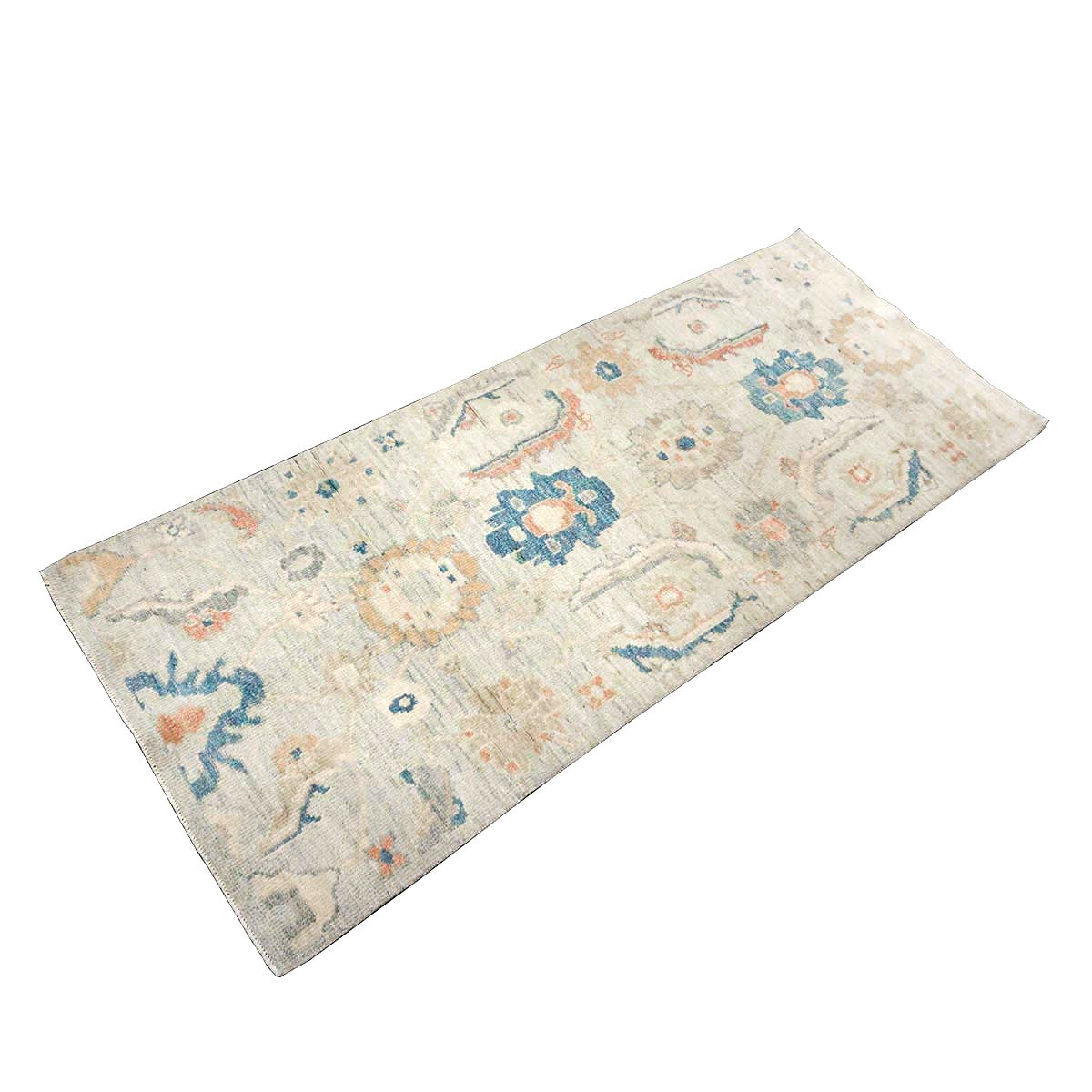 21st Century Turkish Sultanabad Wool 3x6 Tan & Light Blue Handmade Runner Rug #1144162