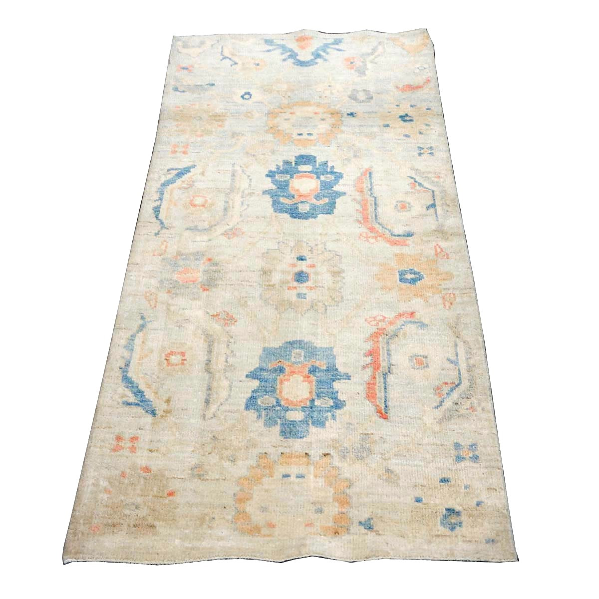 21st Century Turkish Sultanabad Wool 3x6 Tan & Light Blue Handmade Runner Rug #1144162