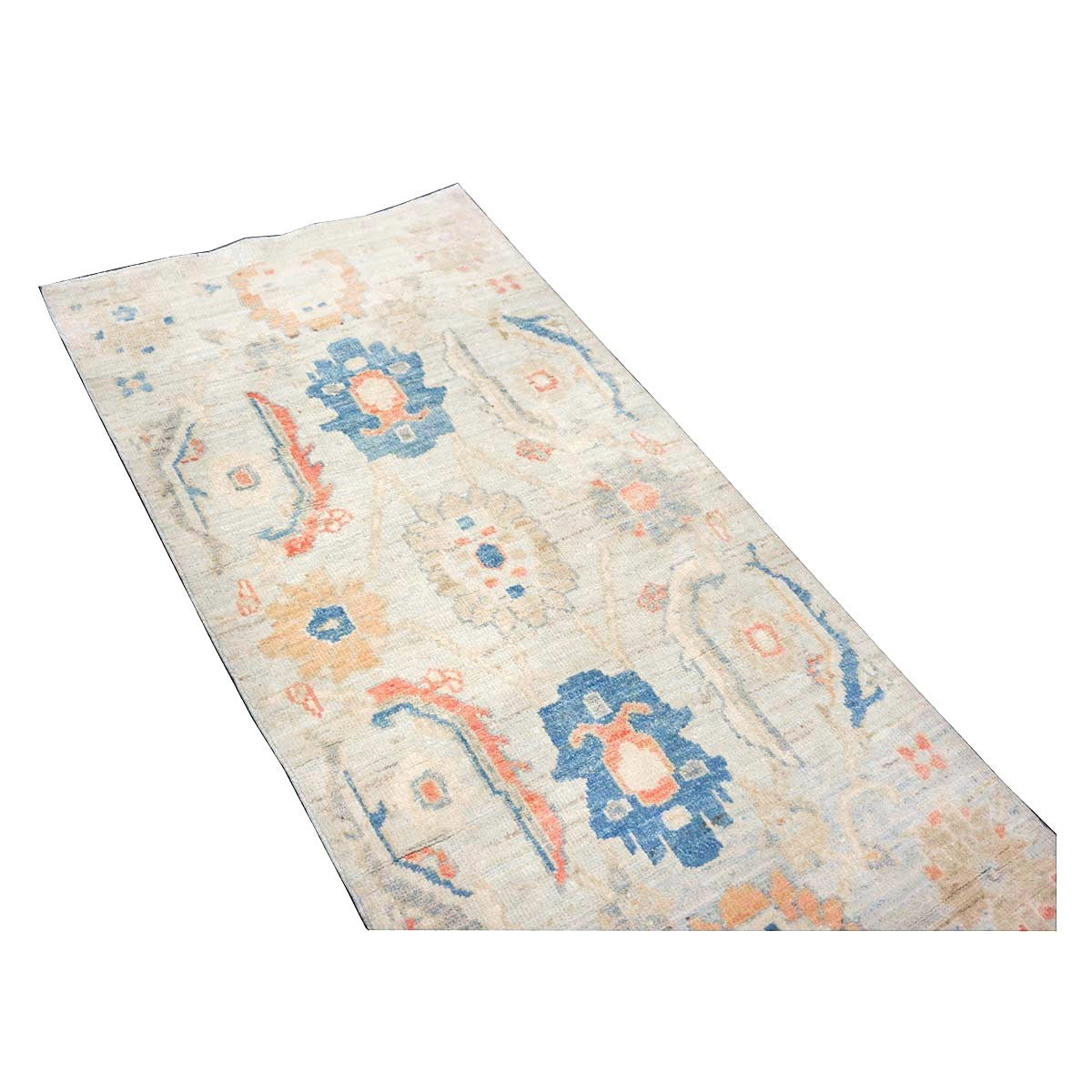 21st Century Turkish Sultanabad Wool 3x6 Tan & Light Blue Handmade Runner Rug #1144162