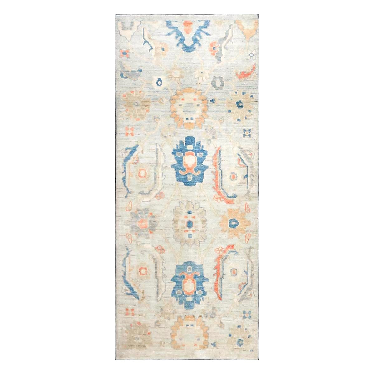 21st Century Turkish Sultanabad Wool 3x6 Tan & Light Blue Handmade Runner Rug #1144162