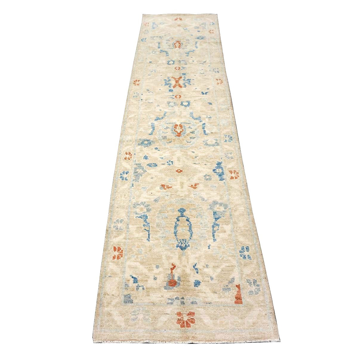 Turkish Sultanabad Wool 3x10 Tan & Blue Handmade Runner Rug #1144163