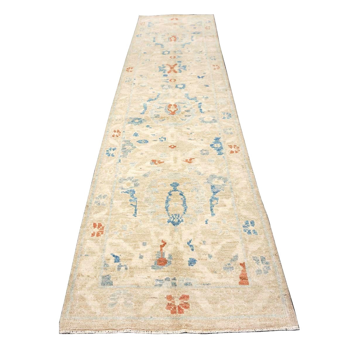 Turkish Sultanabad Wool 3x10 Tan & Blue Handmade Runner Rug #1144163