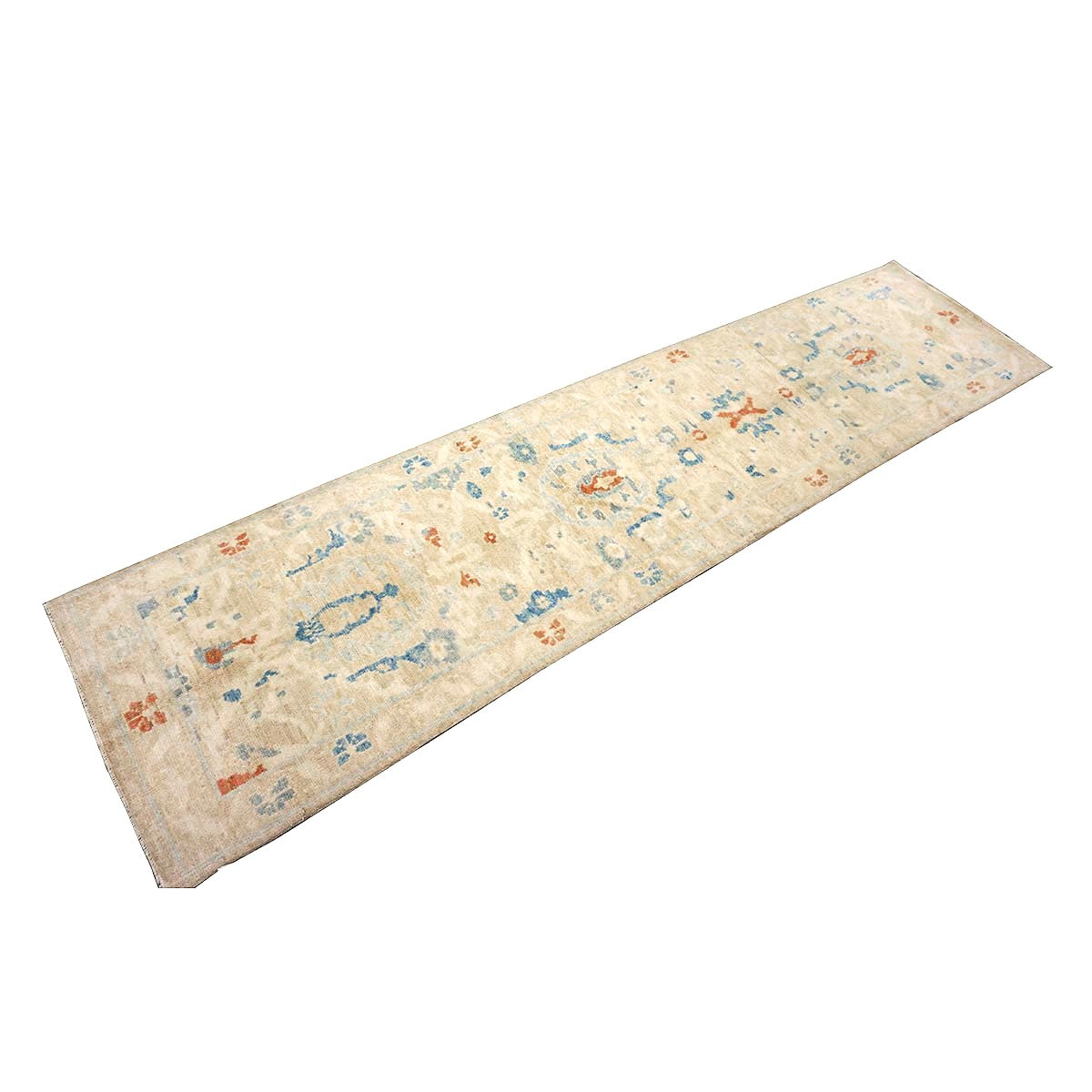 Turkish Sultanabad Wool 3x10 Tan & Blue Handmade Runner Rug #1144163