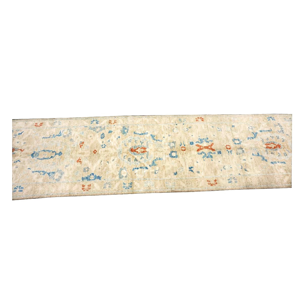 Turkish Sultanabad Wool 3x10 Tan & Blue Handmade Runner Rug #1144163