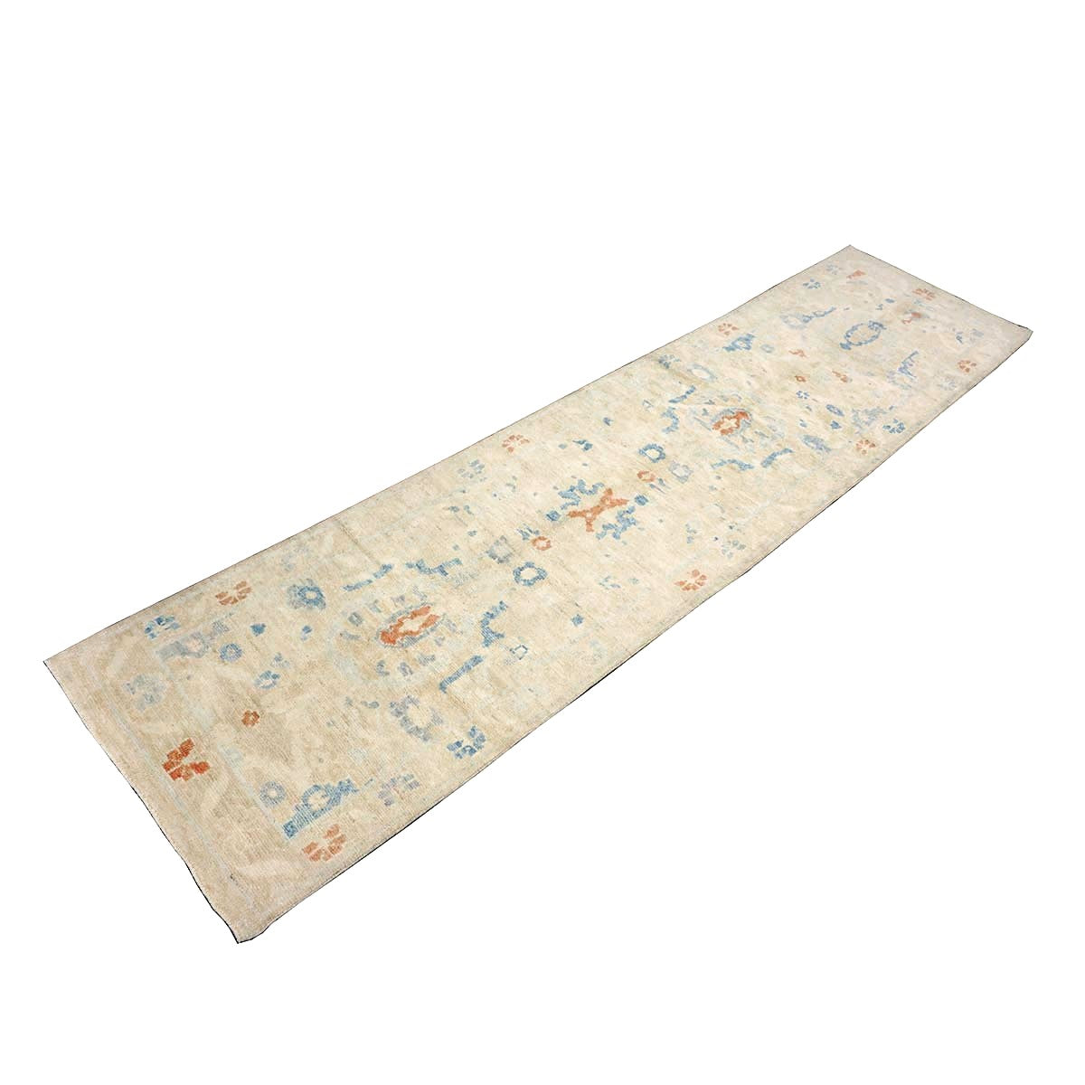 Turkish Sultanabad Wool 3x10 Tan & Blue Handmade Runner Rug #1144163