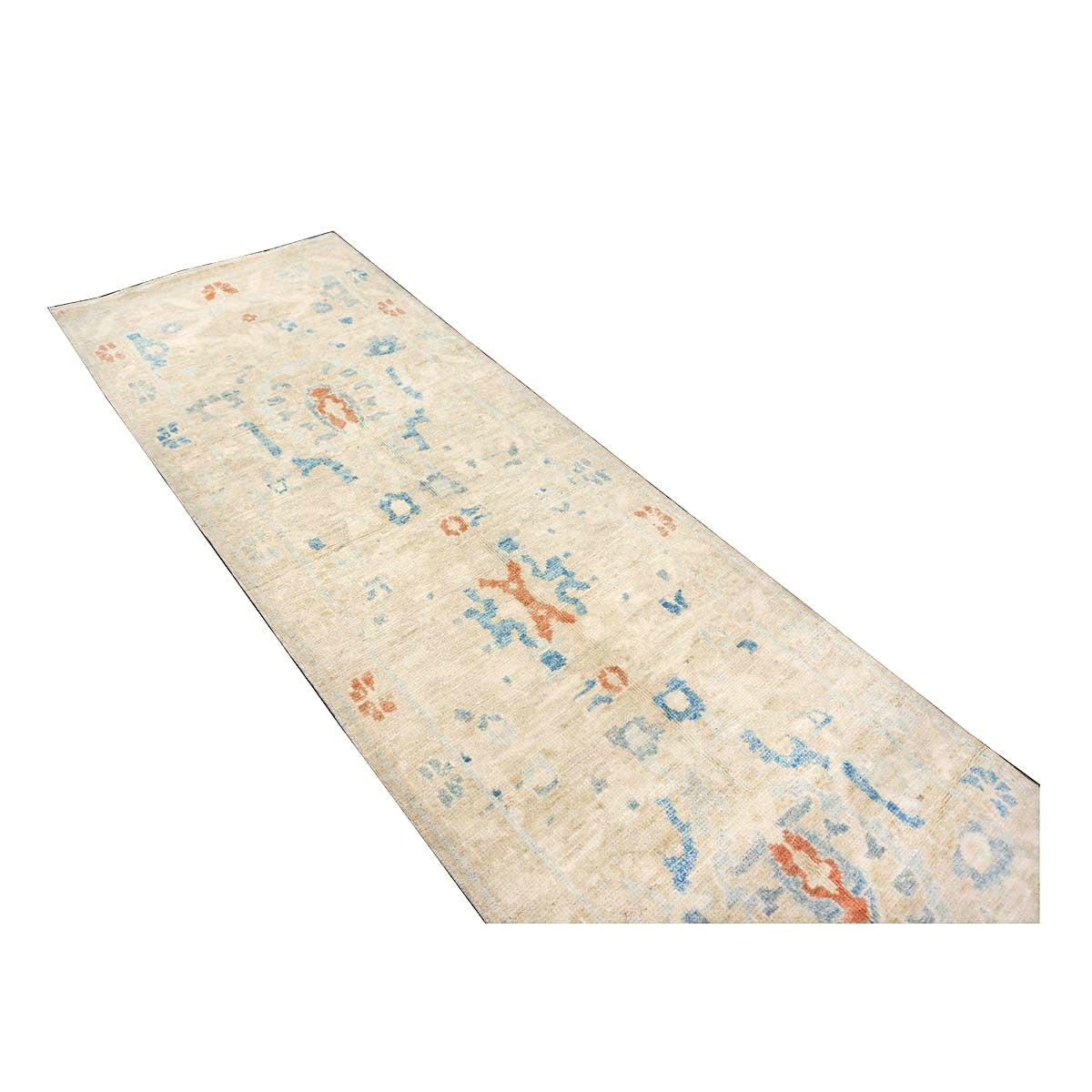 Turkish Sultanabad Wool 3x10 Tan & Blue Handmade Runner Rug #1144163