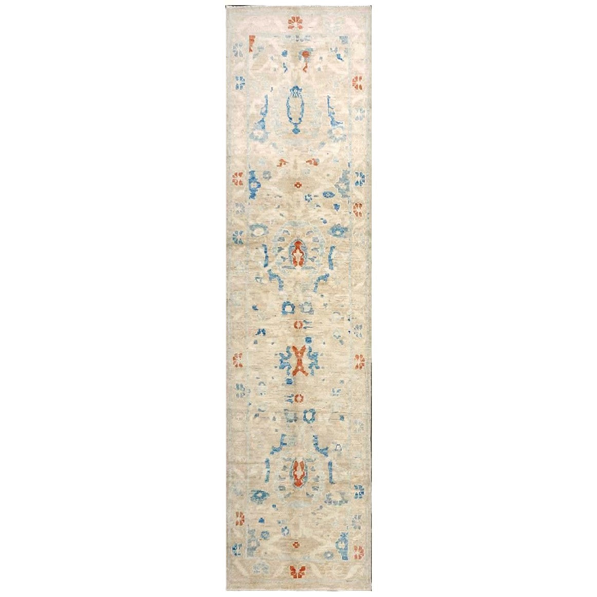Turkish Sultanabad Wool 3x10 Tan & Blue Handmade Runner Rug #1144163