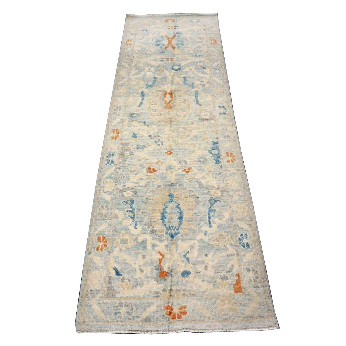Turkish Sultanabad Wool 3x8 Tan & Light Blue Handmade Runner Rug #1144164