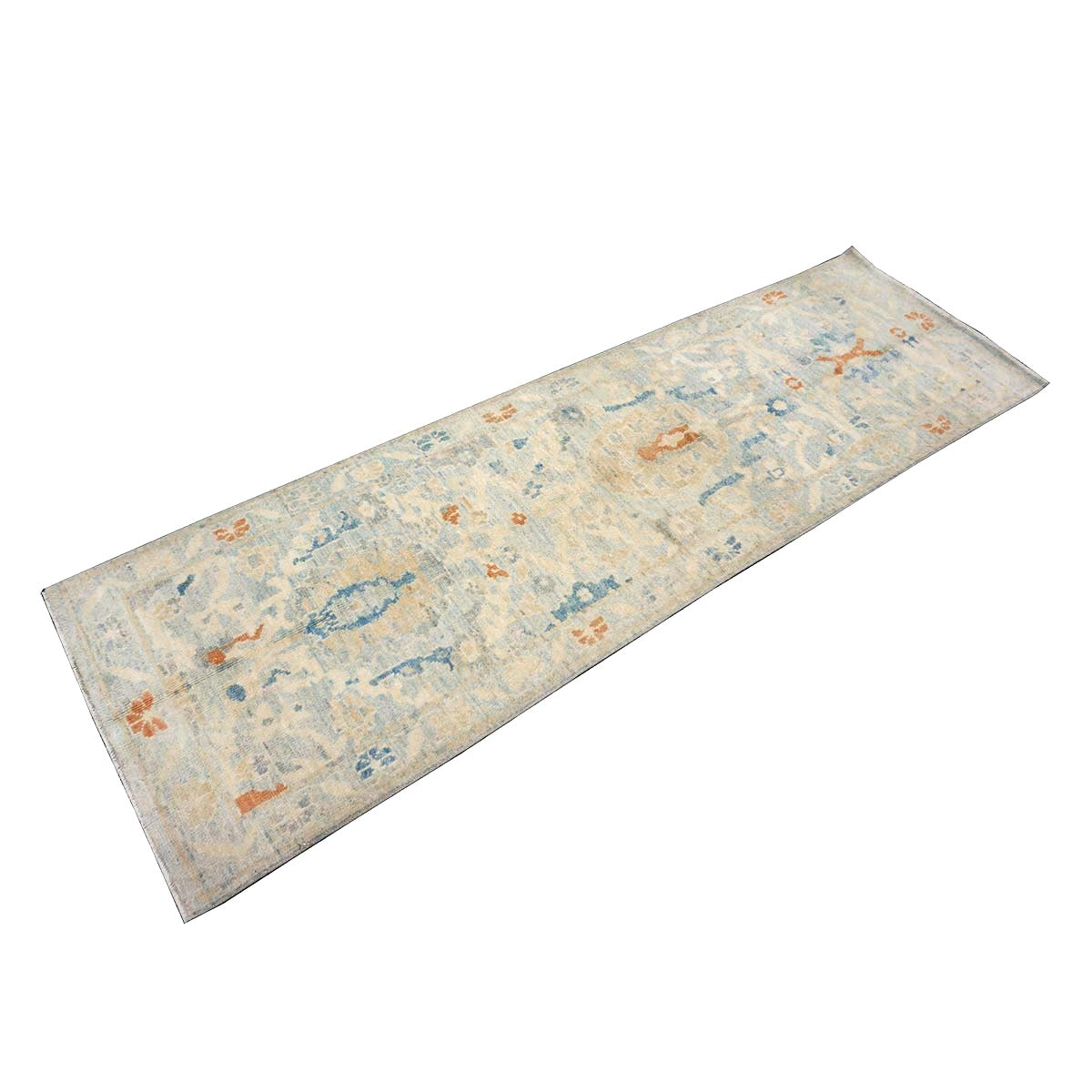 Turkish Sultanabad Wool 3x8 Tan & Light Blue Handmade Runner Rug #1144164