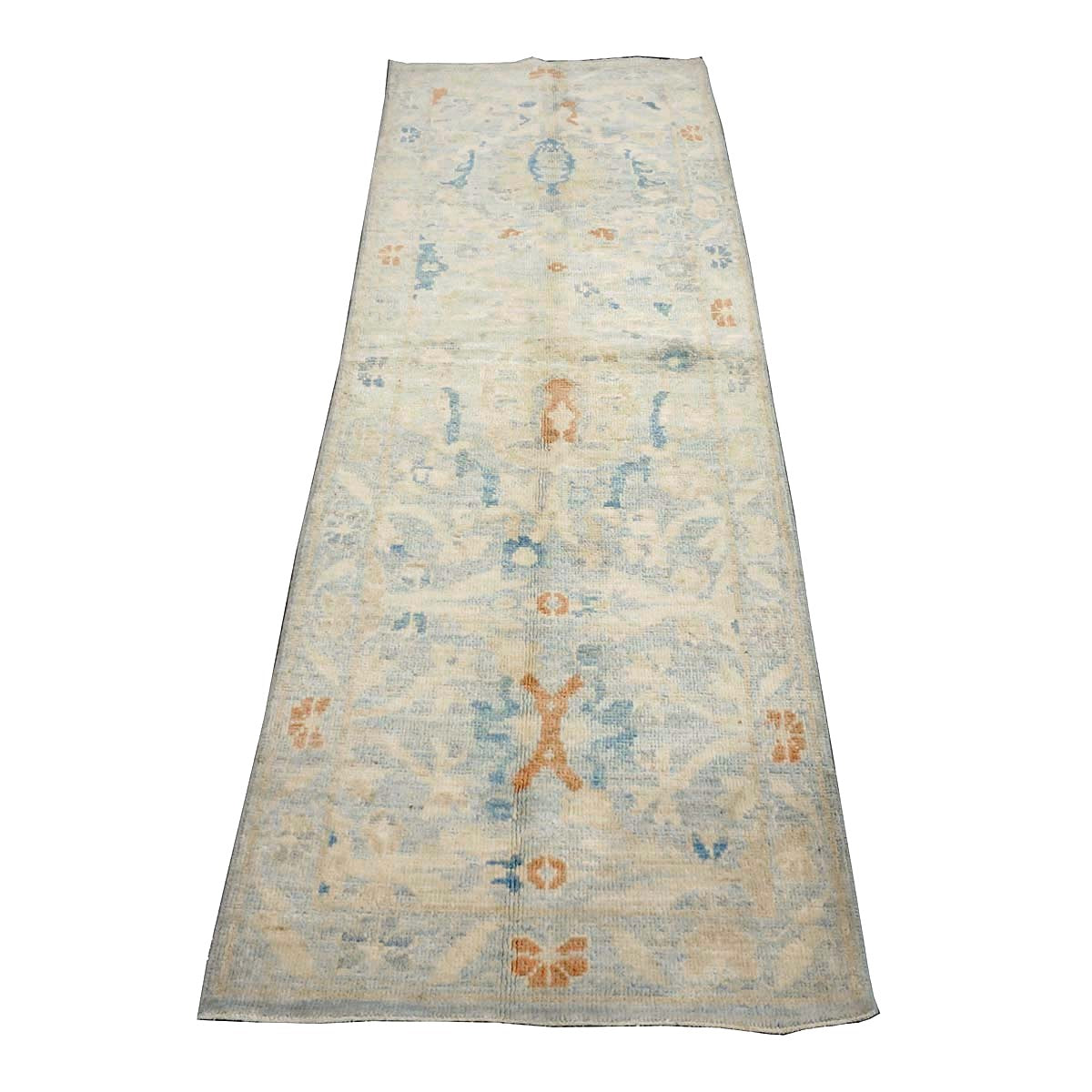 Turkish Sultanabad Wool 3x8 Tan & Light Blue Handmade Runner Rug #1144164
