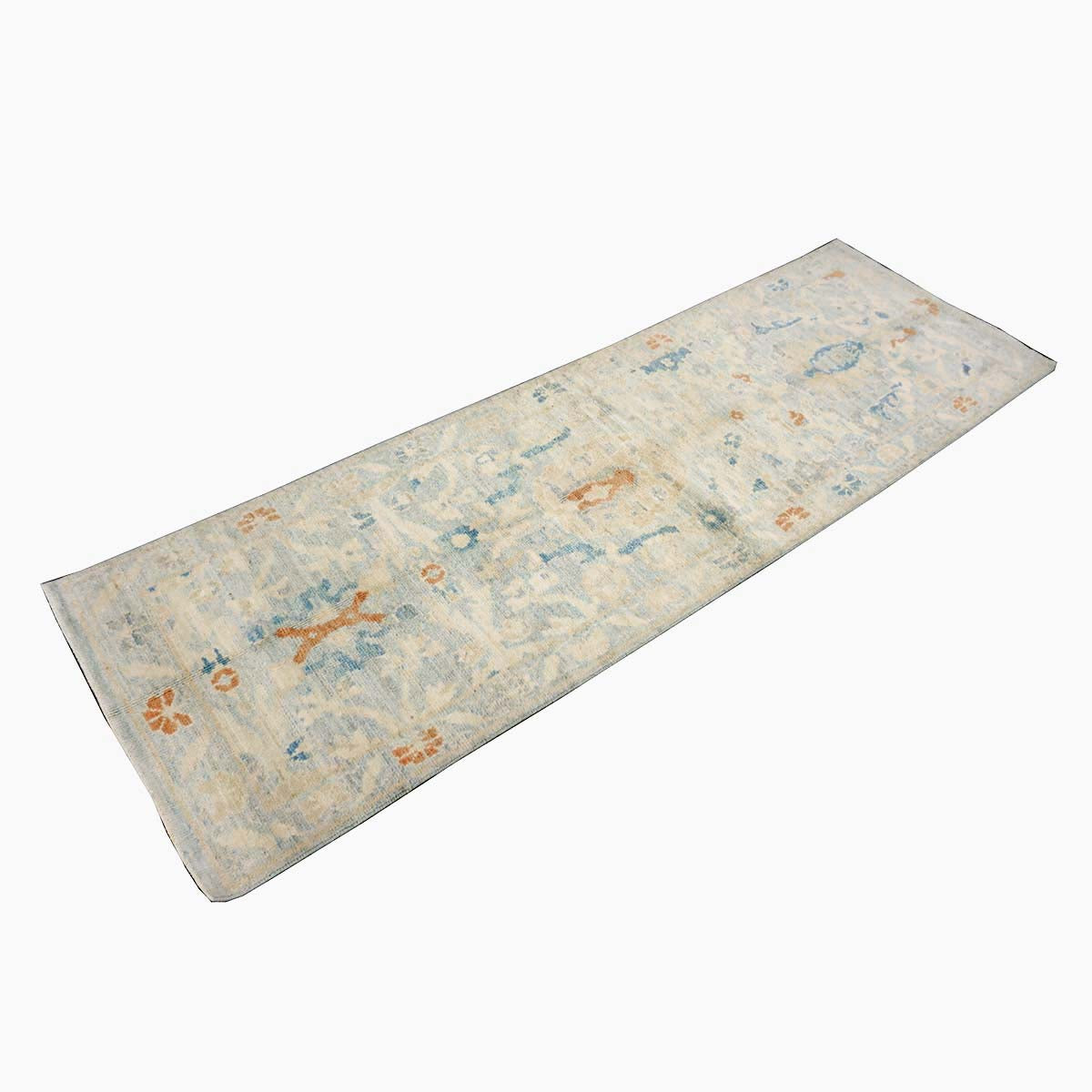 Turkish Sultanabad Wool 3x8 Tan & Light Blue Handmade Runner Rug #1144164