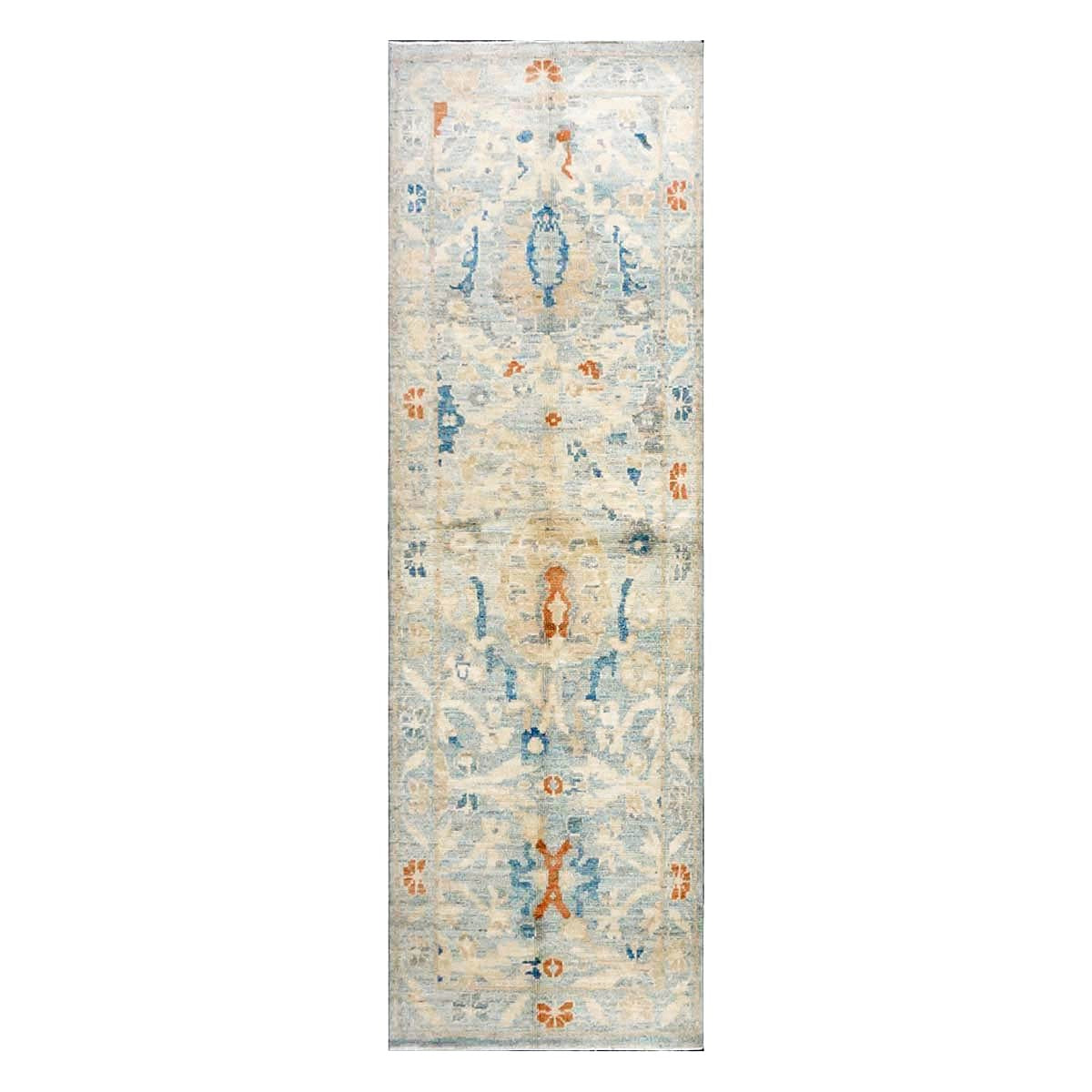 Turkish Sultanabad Wool 3x8 Tan & Light Blue Handmade Runner Rug #1144164