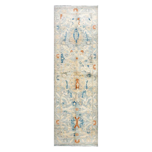 Turkish Sultanabad Wool 3x8 Tan & Light Blue Handmade Runner Rug #1144164