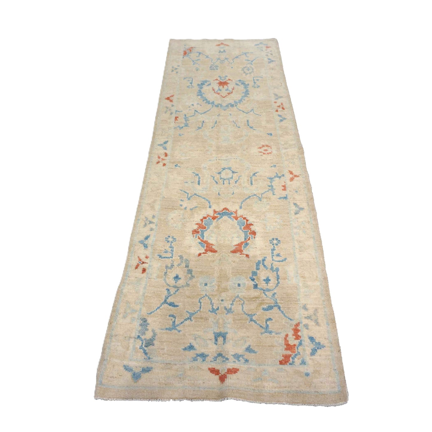 Turkish Sultanabad Wool 3x8 Tan & Light Blue Handmade Runner Rug #1144165