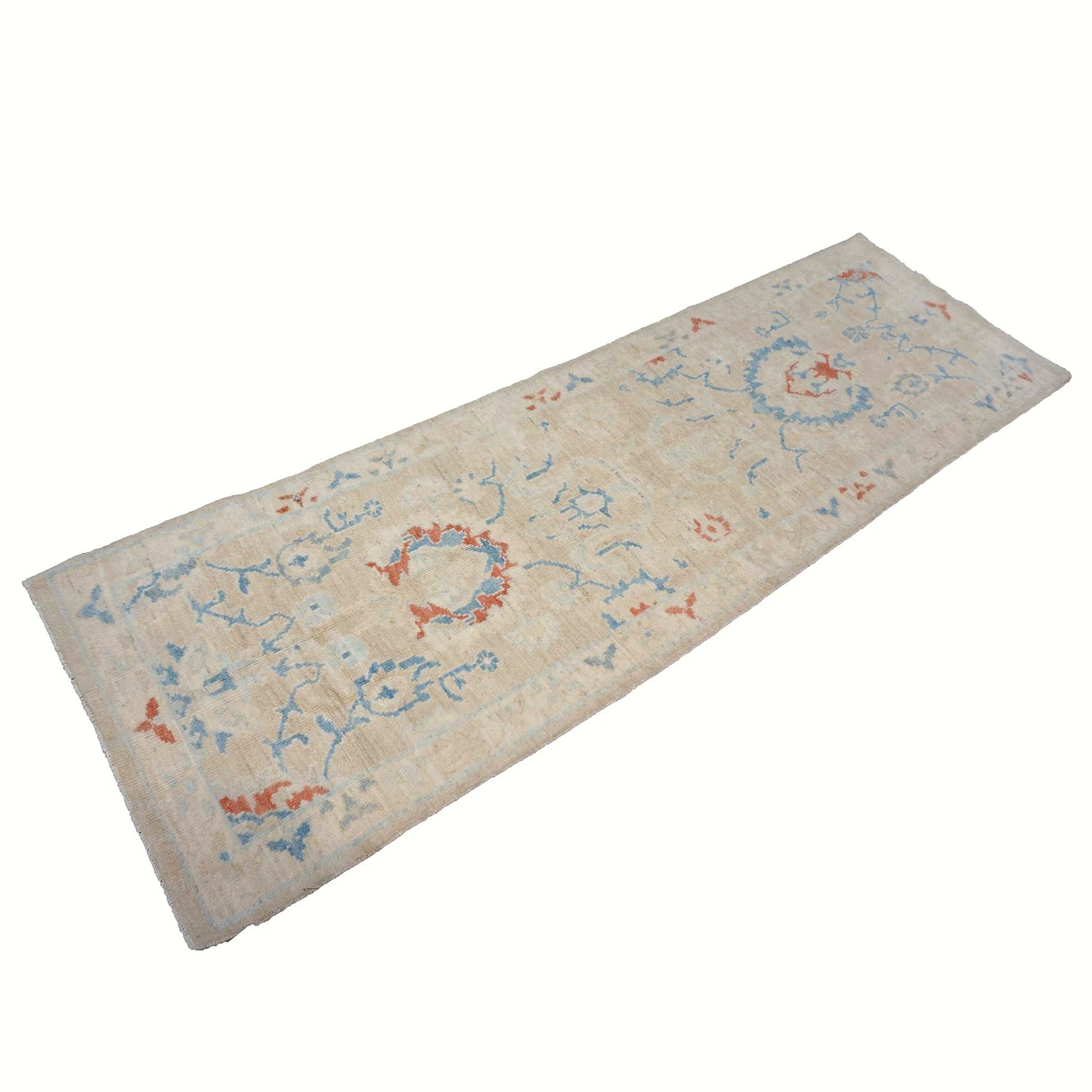 Turkish Sultanabad Wool 3x8 Tan & Light Blue Handmade Runner Rug #1144165