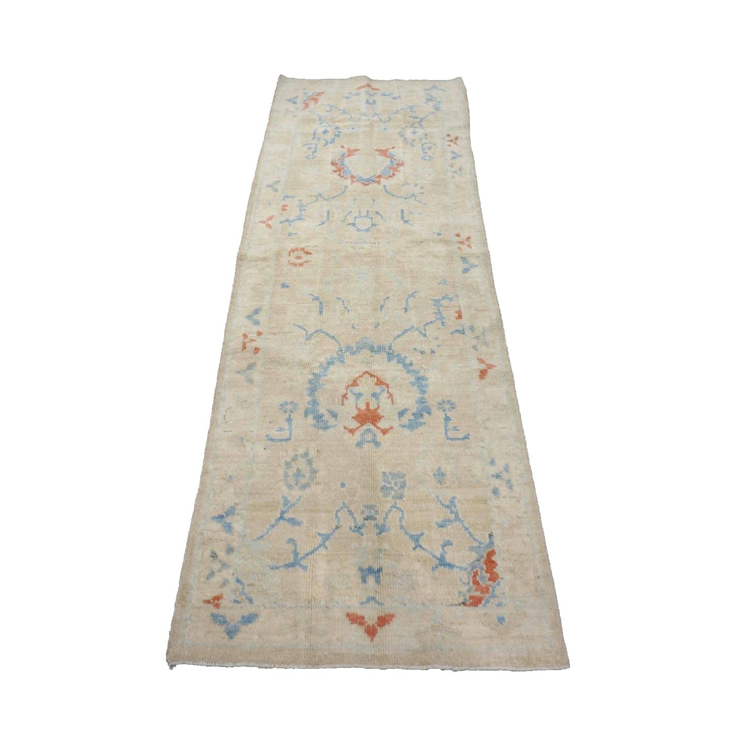 Turkish Sultanabad Wool 3x8 Tan & Light Blue Handmade Runner Rug #1144165
