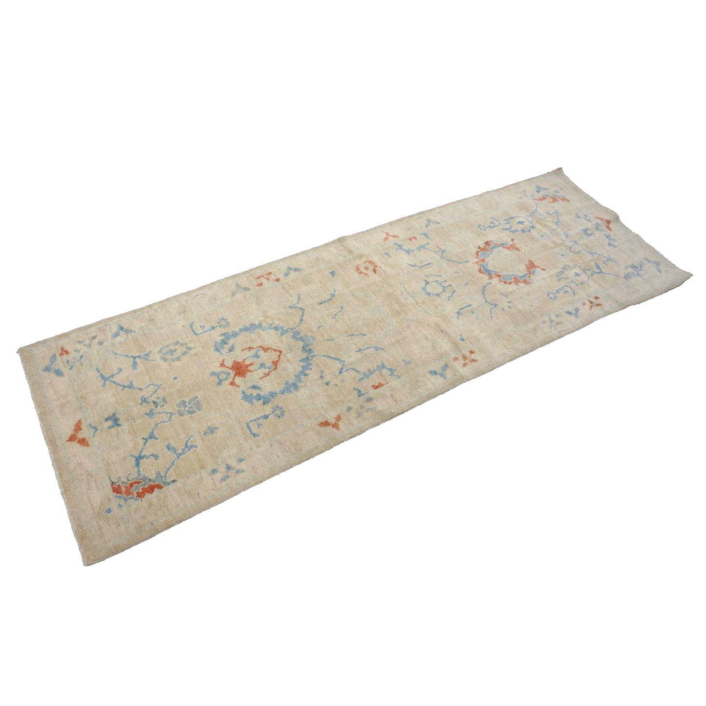 Turkish Sultanabad Wool 3x8 Tan & Light Blue Handmade Runner Rug #1144165