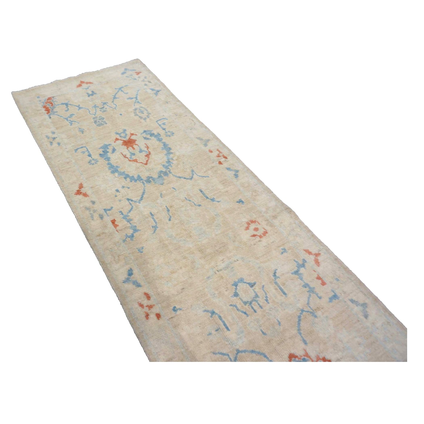 Turkish Sultanabad Wool 3x8 Tan & Light Blue Handmade Runner Rug #1144165