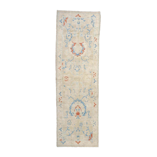 Turkish Sultanabad Wool 3x8 Tan & Light Blue Handmade Runner Rug #1144165