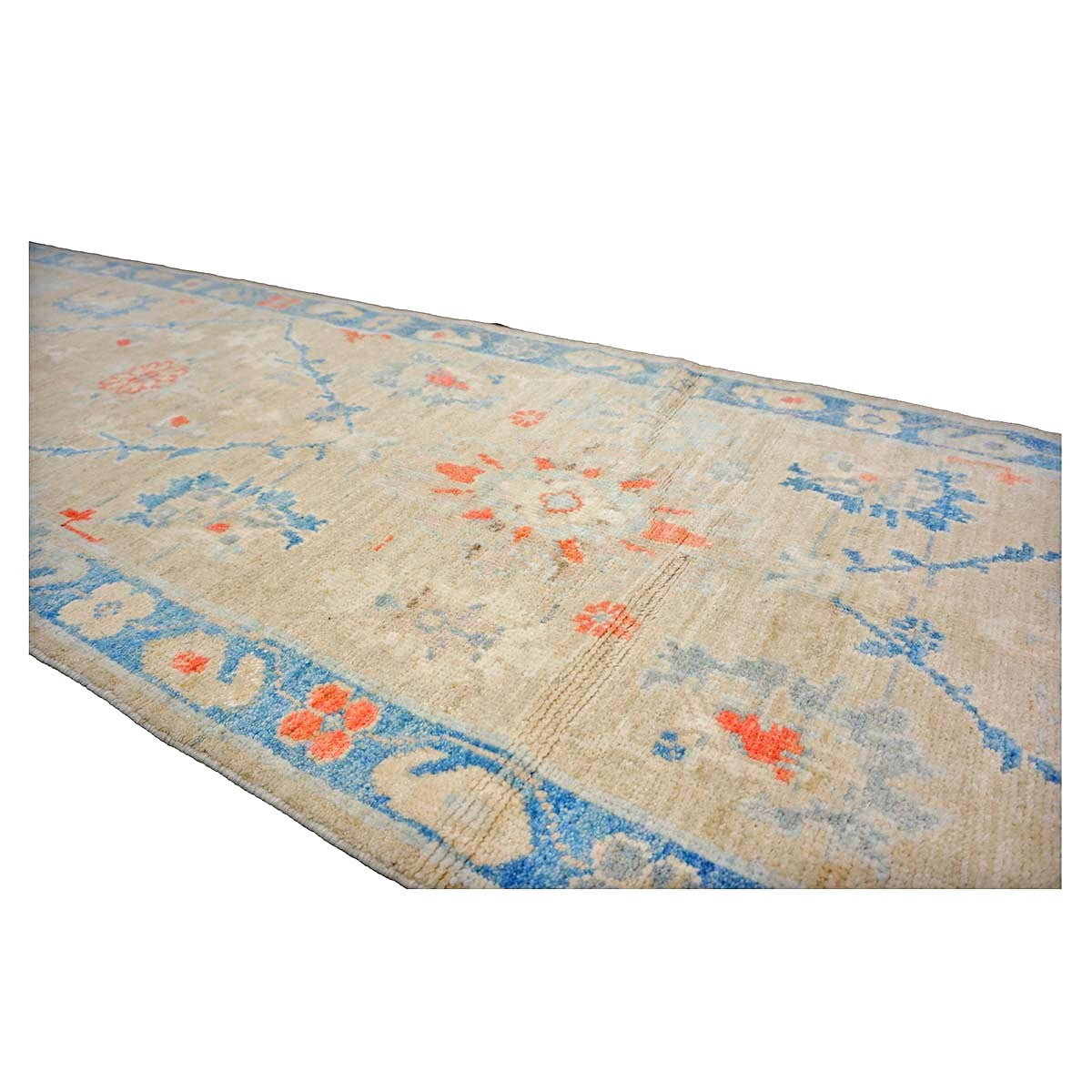 Turkish Sultanabad Wool 3x13 Tan, Blue & Red Handmade Runner Rug #1144166