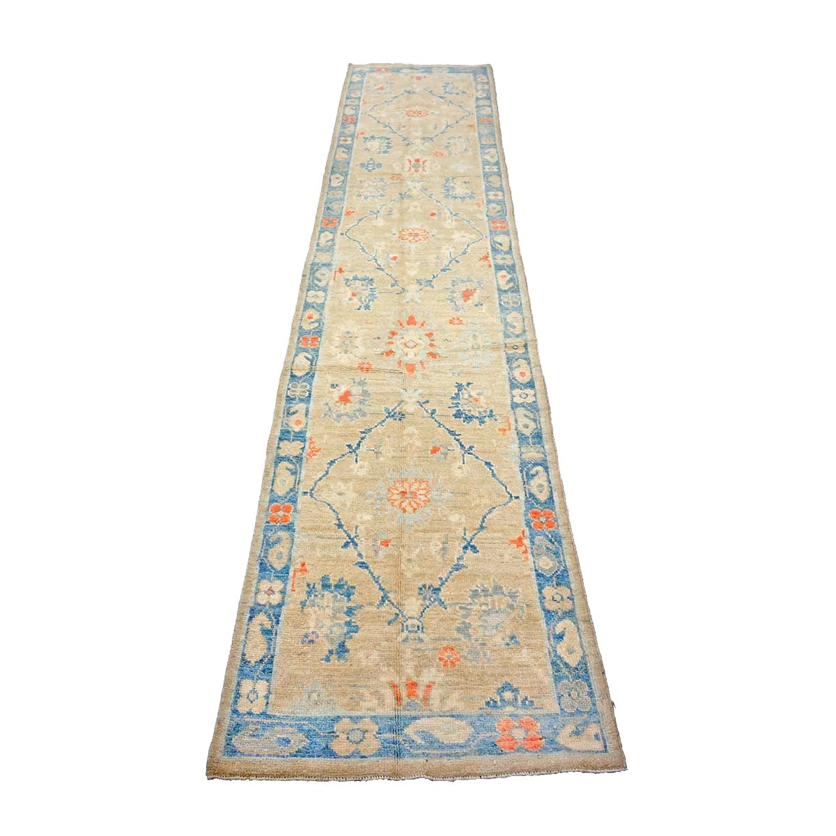 Turkish Sultanabad Wool 3x13 Tan, Blue & Red Handmade Runner Rug #1144166