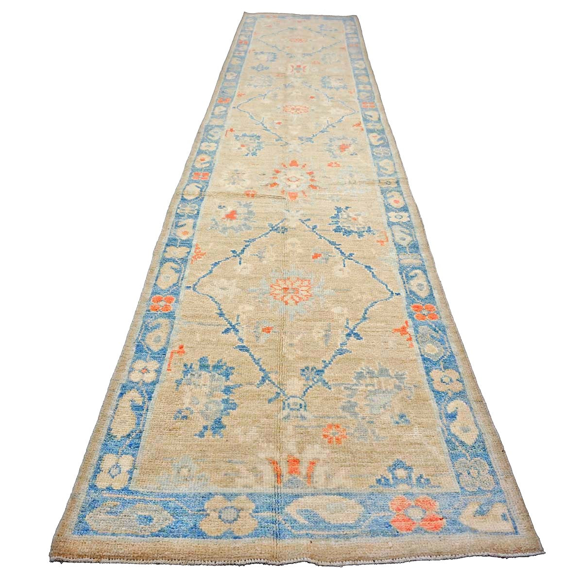 Turkish Sultanabad Wool 3x13 Tan, Blue & Red Handmade Runner Rug #1144166