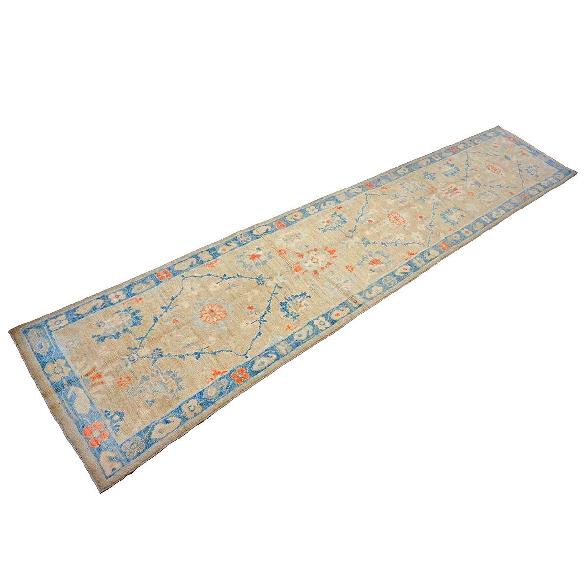 Turkish Sultanabad Wool 3x13 Tan, Blue & Red Handmade Runner Rug #1144166