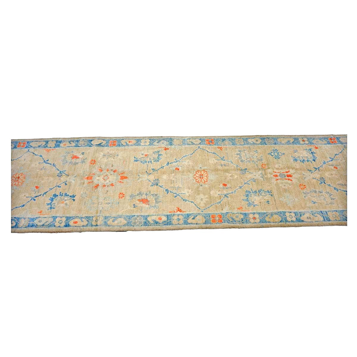 Turkish Sultanabad Wool 3x13 Tan, Blue & Red Handmade Runner Rug #1144166