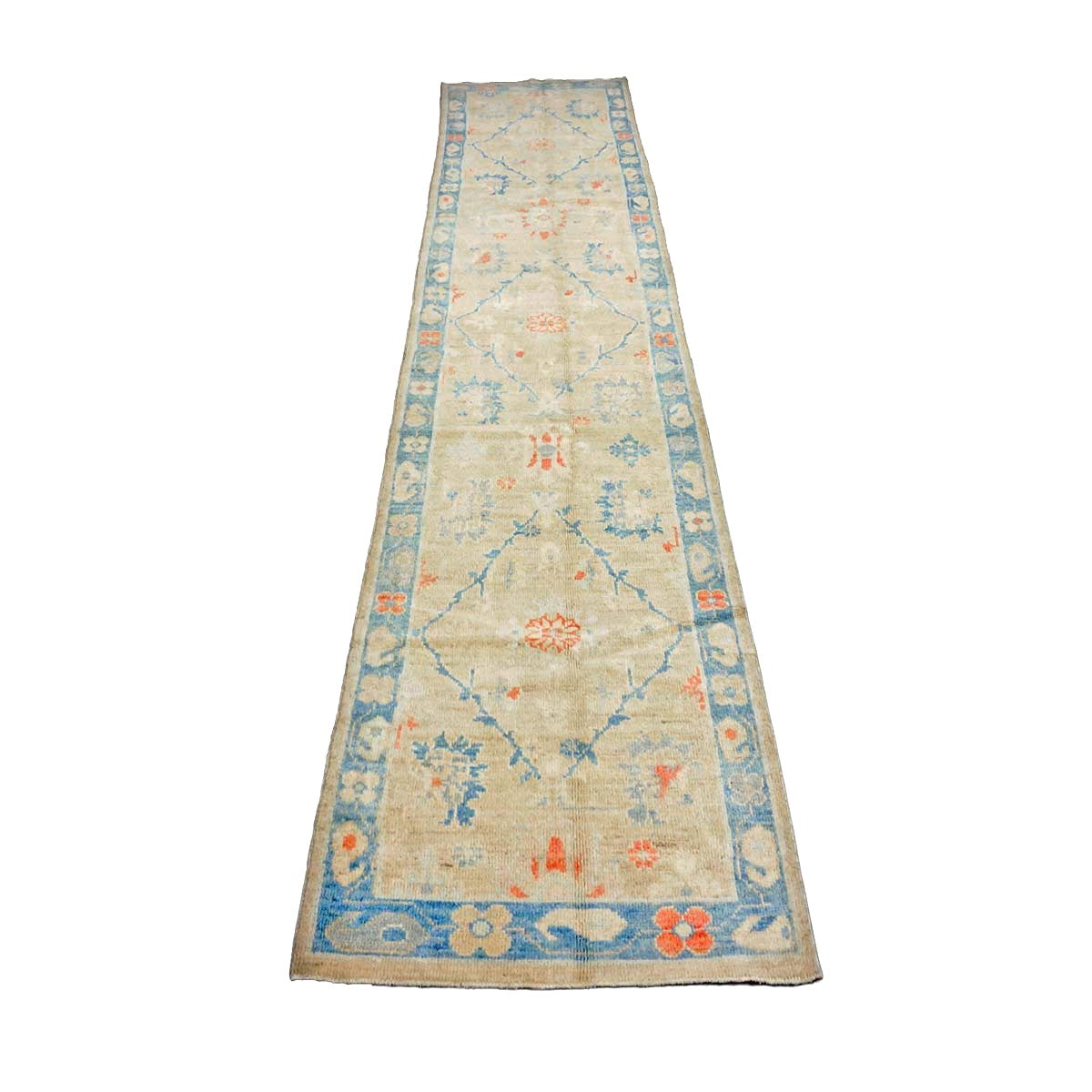 Turkish Sultanabad Wool 3x13 Tan, Blue & Red Handmade Runner Rug #1144166