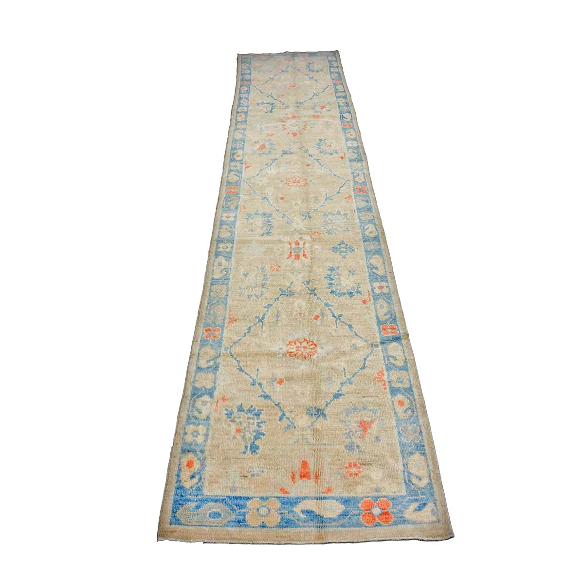 Turkish Sultanabad Wool 3x13 Tan, Blue & Red Handmade Runner Rug #1144166