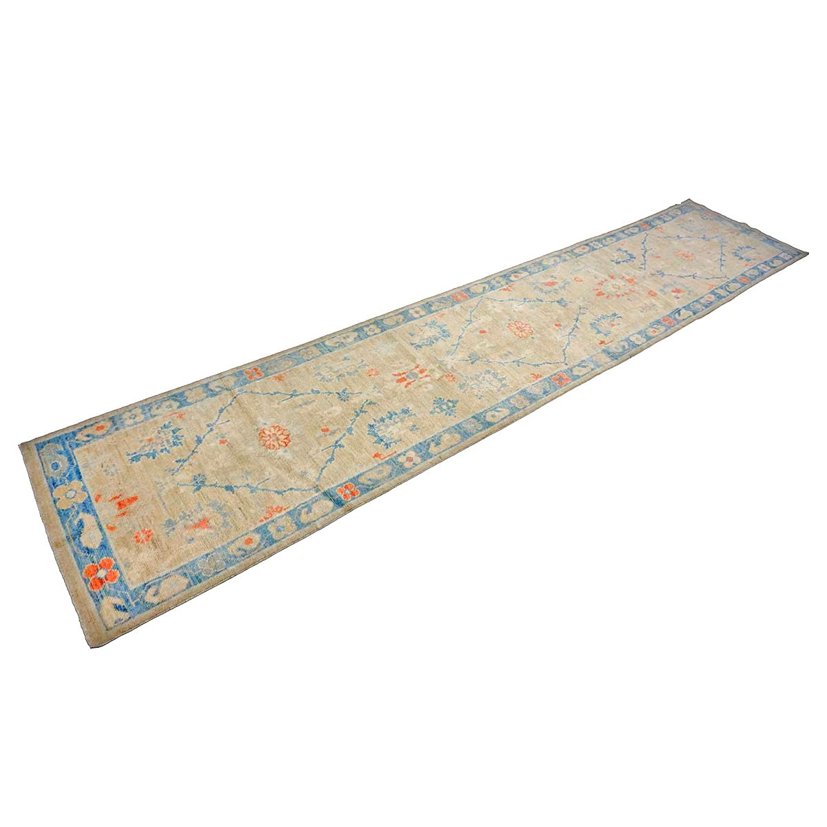 Turkish Sultanabad Wool 3x13 Tan, Blue & Red Handmade Runner Rug #1144166
