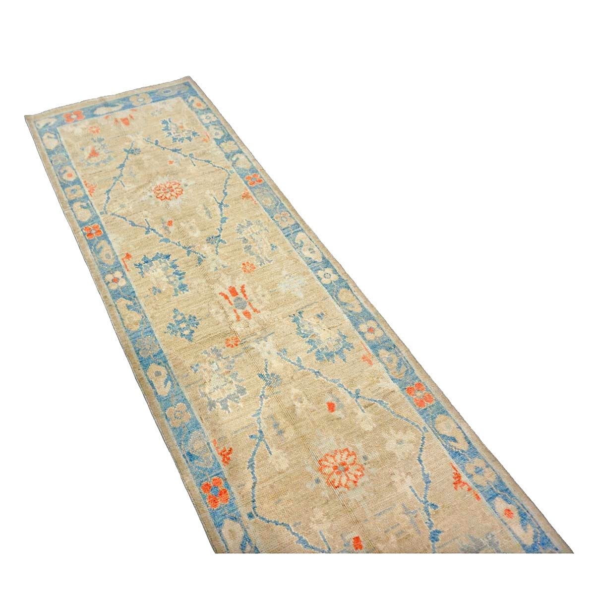 Turkish Sultanabad Wool 3x13 Tan, Blue & Red Handmade Runner Rug #1144166