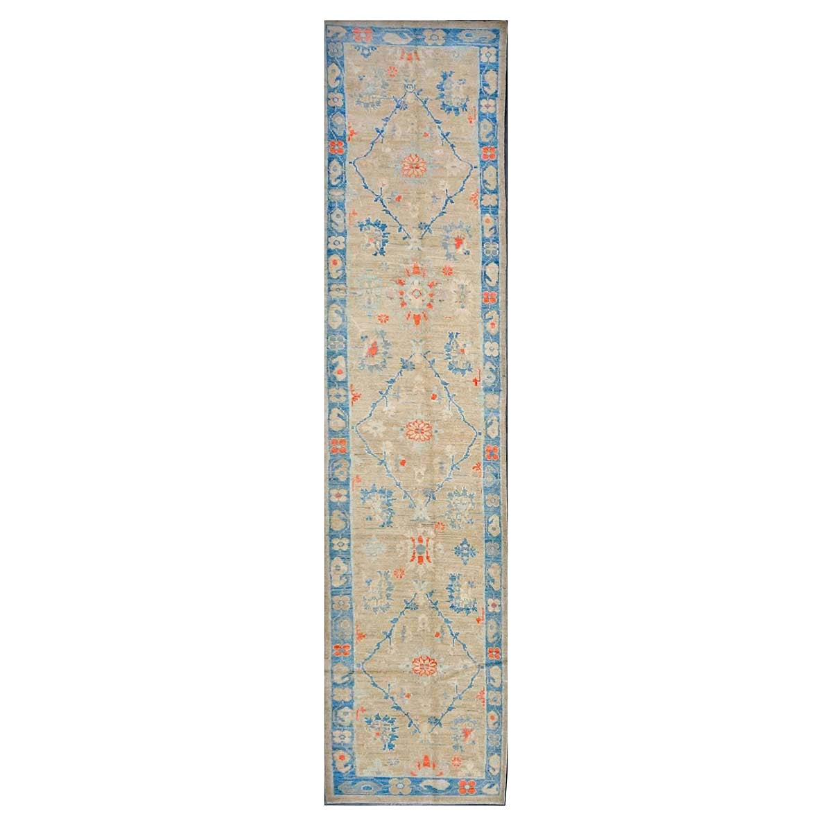 Turkish Sultanabad Wool 3x13 Tan, Blue & Red Handmade Runner Rug #1144166