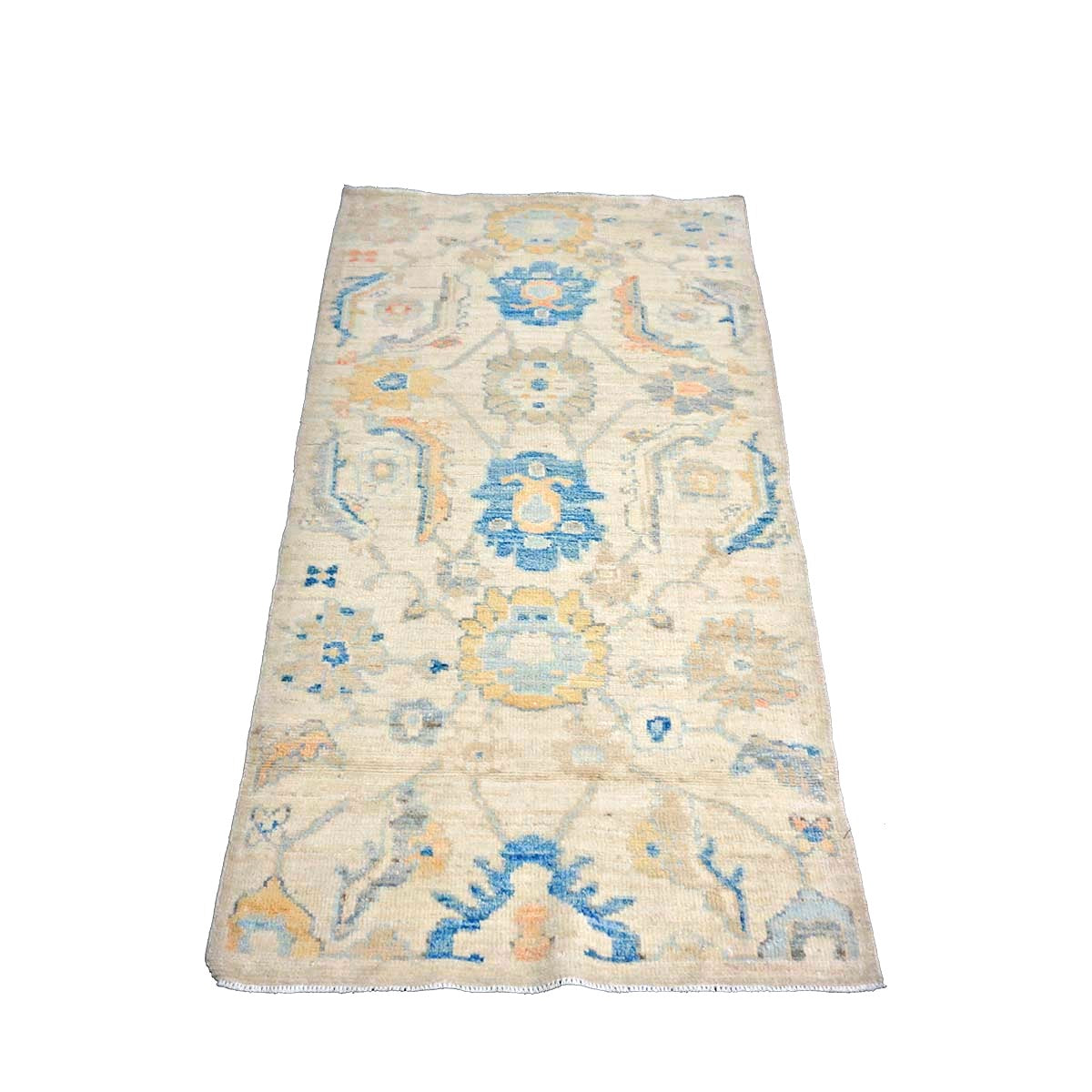 21st Century Turkish Oushak Wool 3X6 Ivory, Yellow & Blue Handmade Runner Rug #1144167