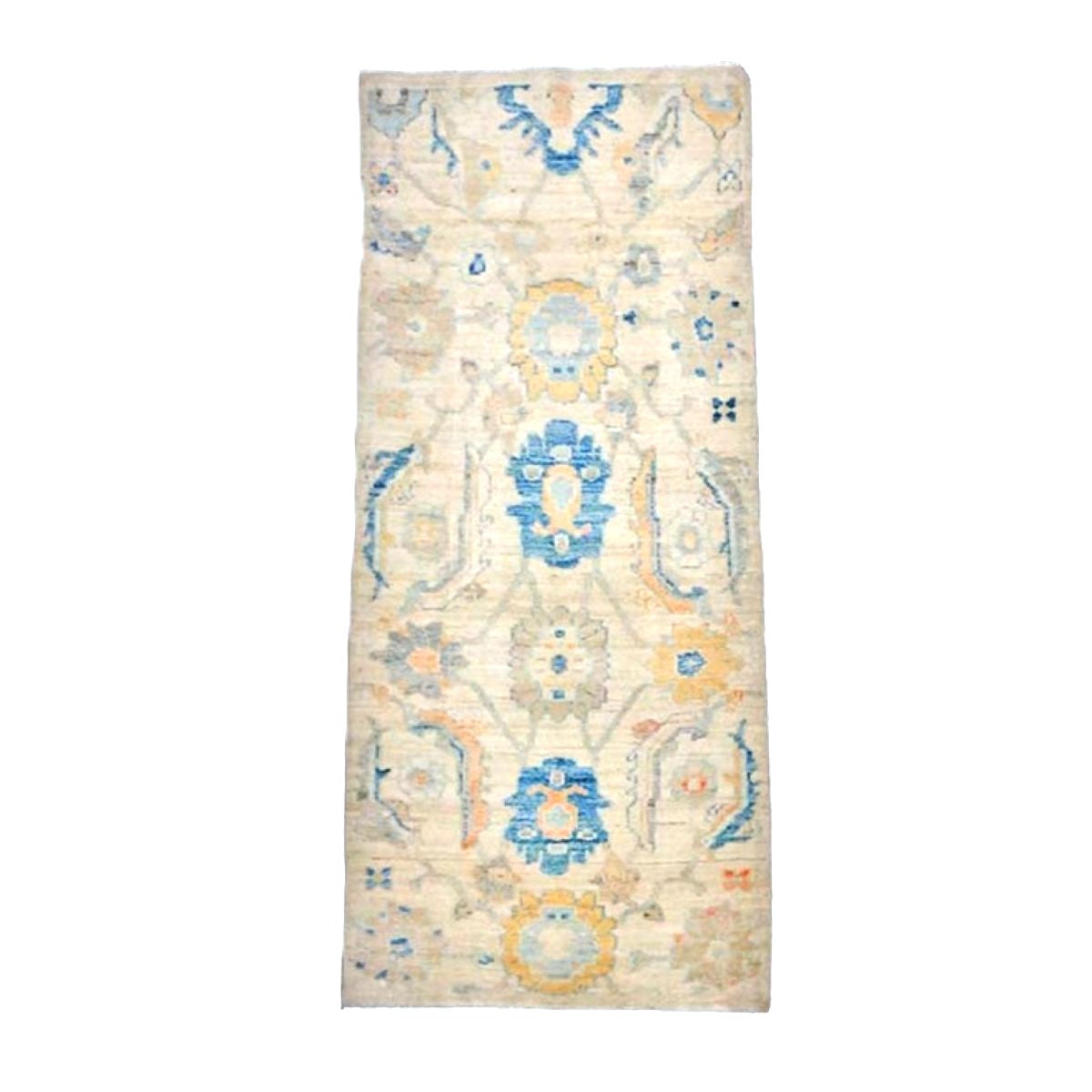 21st Century Turkish Oushak Wool 3X6 Ivory, Yellow & Blue Handmade Runner Rug #1144167