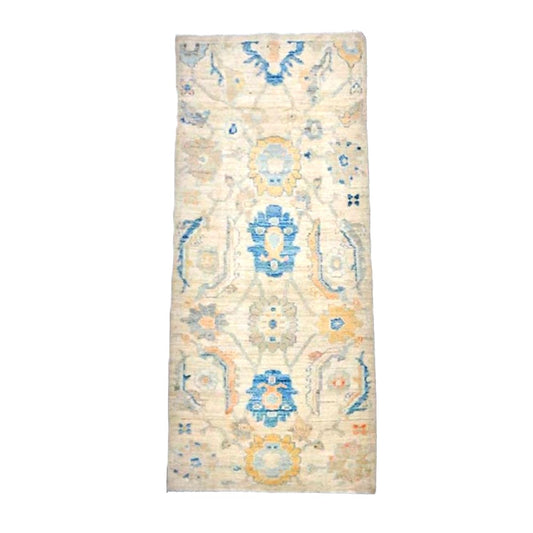 21st Century Turkish Oushak Wool 3X6 Ivory, Yellow & Blue Handmade Runner Rug #1144167