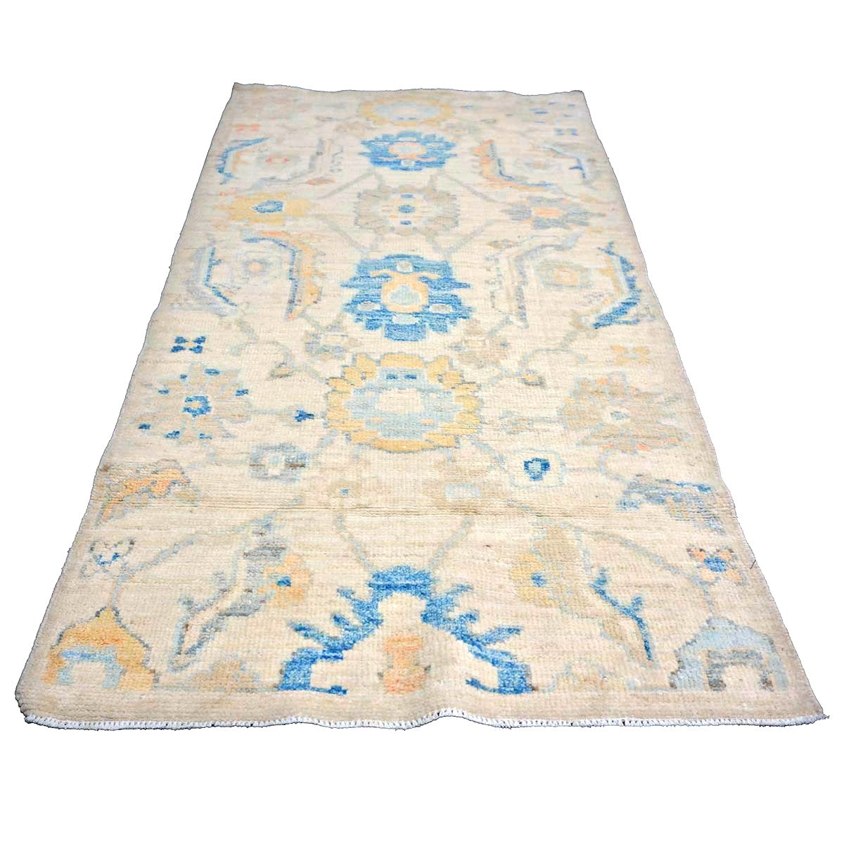 21st Century Turkish Oushak Wool 3X6 Ivory, Yellow & Blue Handmade Runner Rug #1144167