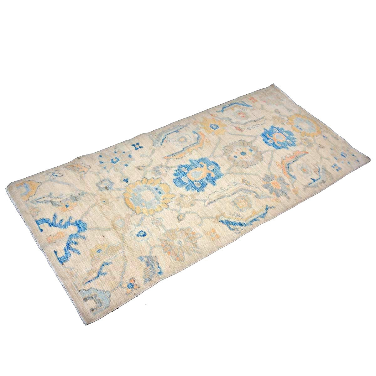 21st Century Turkish Oushak Wool 3X6 Ivory, Yellow & Blue Handmade Runner Rug #1144167