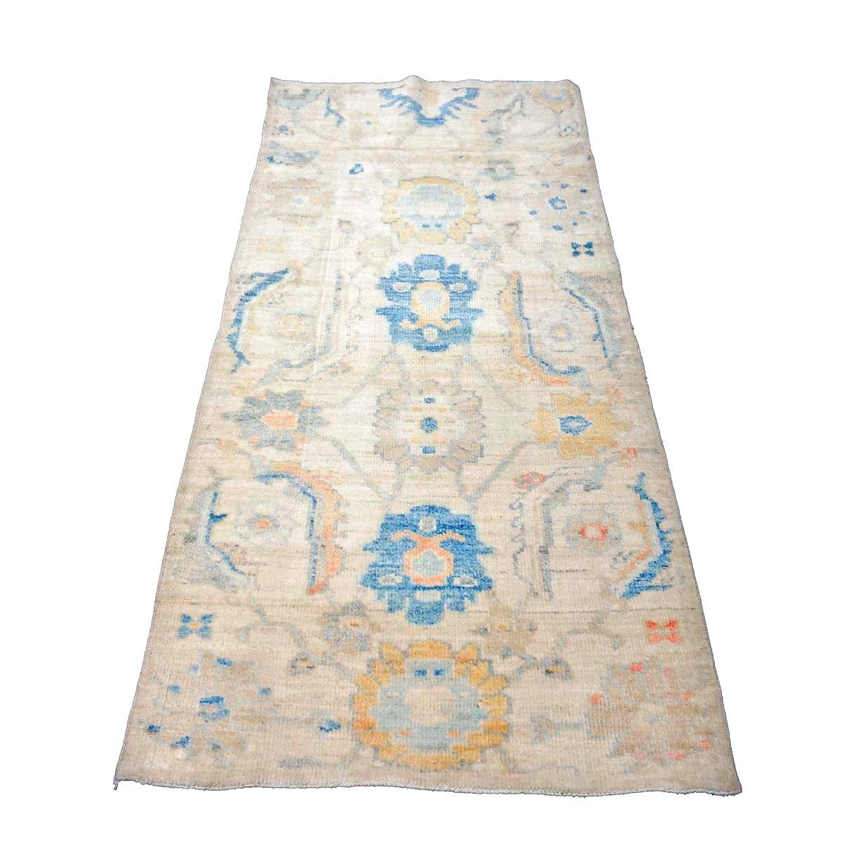 21st Century Turkish Oushak Wool 3X6 Ivory, Yellow & Blue Handmade Runner Rug #1144167
