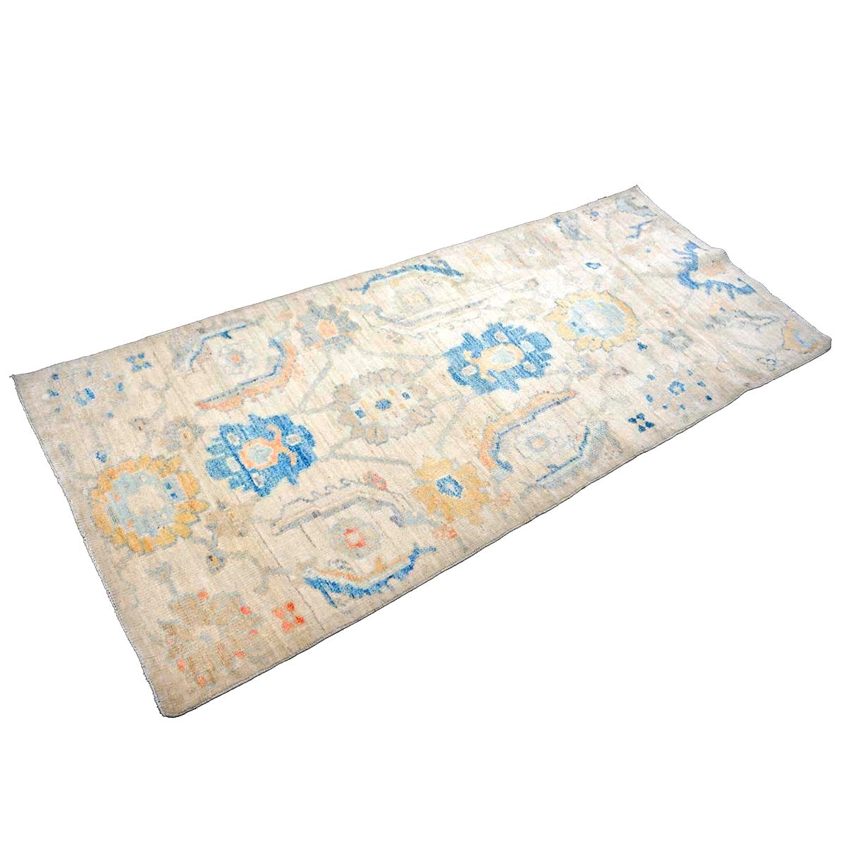 21st Century Turkish Oushak Wool 3X6 Ivory, Yellow & Blue Handmade Runner Rug #1144167