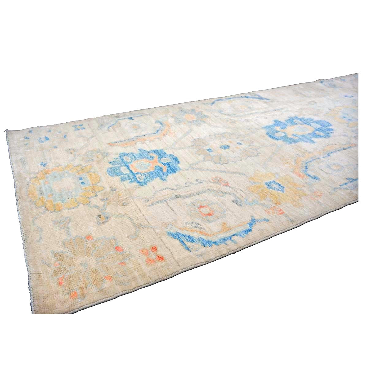 21st Century Turkish Oushak Wool 3X6 Ivory, Yellow & Blue Handmade Runner Rug #1144167
