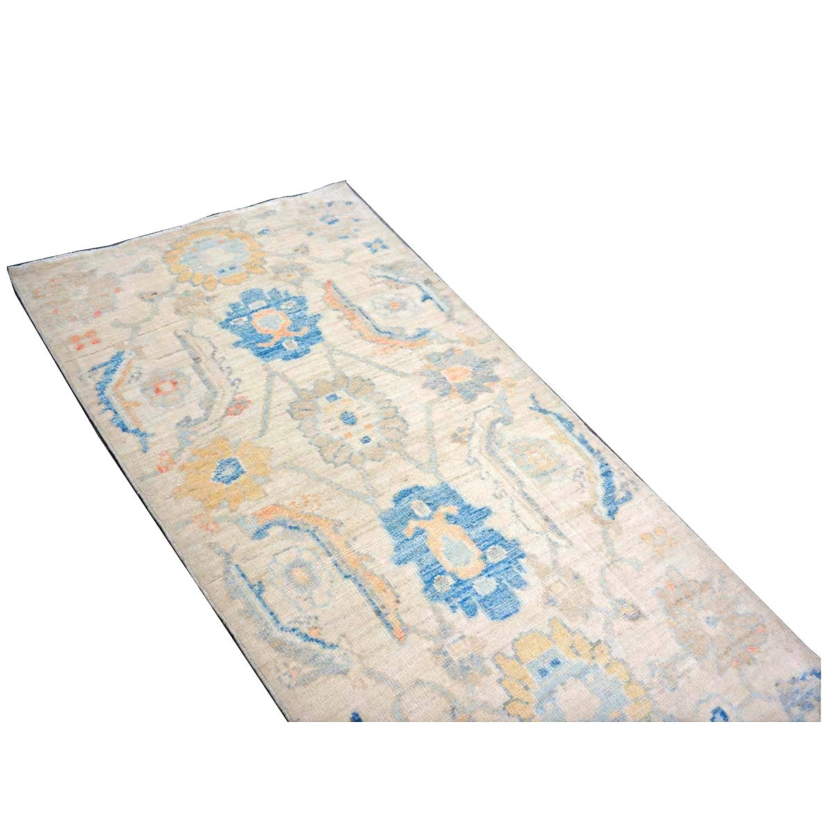 21st Century Turkish Oushak Wool 3X6 Ivory, Yellow & Blue Handmade Runner Rug #1144167